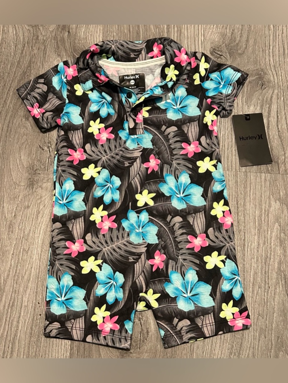 ⭐️NWT 18M Hurley Black Floral Polo Romper with Blue, Pink & Yellow Flowers